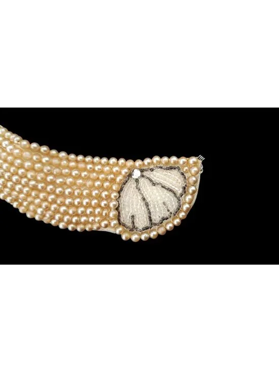 Vintage Faux Pearl Beaded Collar Sweater Necklace Shell Motif 1950s Rhinestone - Picture 5 of 7
